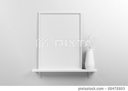Small vertical wooden frame mockup in scandinavian style interior and dried plant on white jug on a shelf on empty neutral white wall background. 3d illustration 88478803
