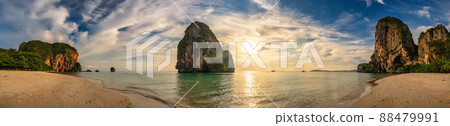 Tropical islands sunset view with ocean sea water at Phra Nang Cave Beach, Krabi Thailand nature landscape panorama 88479991