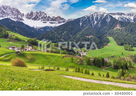 Dolomites Alp mountain landscape at Santa Maddalena village in spring season, St. Magdalena Italy 88480001
