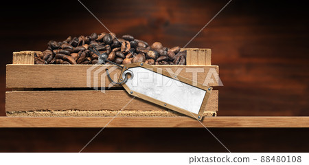 Roasted Coffee Beans in a Small Wooden Crate with Blank Label Roasted Coffee Beans in a Small Wooden Crate with Blank Label 88480108