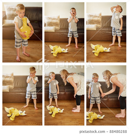 It was an accident.... Composite shot of a mother scolding her little son for breaking a vase at home. 88480288