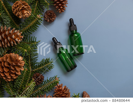 Dropper Bottles near fir branches and pine cones on blue top view. Brand packaging mockup. Dropper Bottles near fir branches and pine cones on blue top view. Brand packaging mockup. 88480644