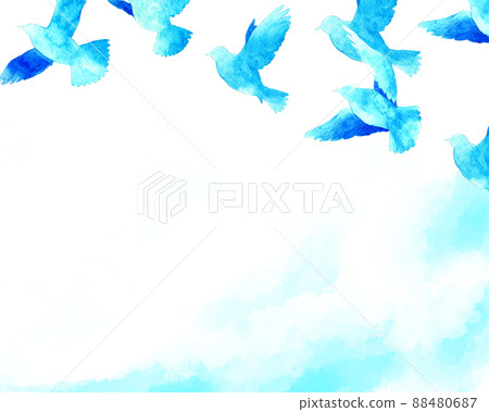 Blue silhouette background of flying birds Hand-painted watercolor illustration background material of flapping birds 88480687