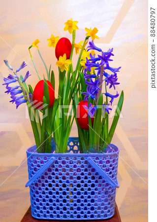 easter card with daffodils and hyacinths in a very peri basket easter card with daffodils and hyacinths in a very peri basket 88480797