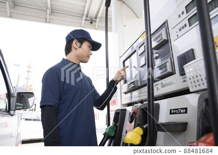 A man refueling at a self-service gas station A man refueling at a self-service gas station 88481684