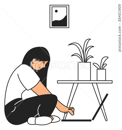 Young woman working from home. Remote work in cozy home interior 88481909