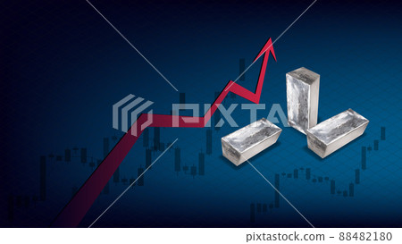 Metal price growth concept with isometric metal chunks and red up arrow on blue background. Candlestick charts up in background. 88482180