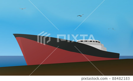 Large cargo ship at the pier with seagulls flying in the sky. Large cargo ship at the pier with seagulls flying in the sky. 88482183