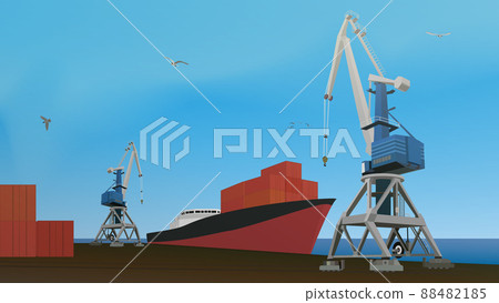 Commercial port with container ship at the pier and cargo cranes. Commercial port with container ship at the pier and cargo cranes. 88482185