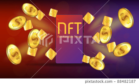 NFT non fungible token unique sign and gold coins of dollars fly out from cellphone. Concept of earning dollars USD on NFT market. Pay for unique collectibles in games or art. NFT non fungible token unique sign and gold coins of dollars fly out from cellphone. Concept of earning dollars USD on NFT market. Pay for unique collectibles in games or art. 88482187