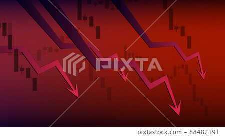Red down arrows on dark red background. Fall of the economy and global crisis in all sectors. Red down arrows on dark red background. Fall of the economy and global crisis in all sectors. 88482191