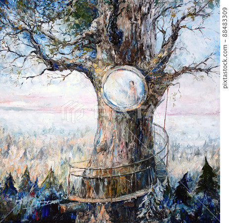 Refuge in a tree house, oil painting fantasy 88483309