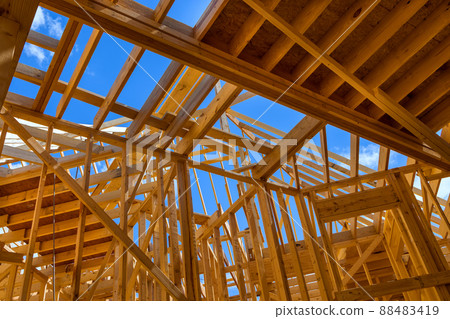 New frame structure wood board assembled on construction site from natural materials floor ceiling 88483419
