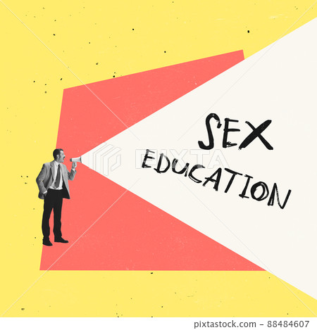 Contemporary art collage. Man shouting on megaphone and claiming on importance of sex education Contemporary art collage. Man shouting on megaphone and claiming on importance of sex education 88484607