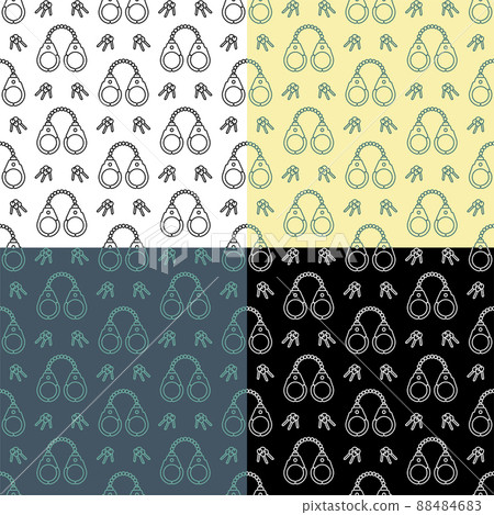 set of seamless patterns with metal handcuffs to neutralize criminals. Outfit and equipment of police. Ornament for decoration and printing on fabric. Design element. Vector 88484683