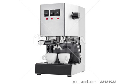 stainless steel carob espresso maker with filter holder for two portion coffee and steam wand, professional coffee professional equipment with 2 ceramic cup isolated on white background. 88484988