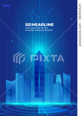 蓝色电路板转盘上建筑未来城市概念矢量背景 88485424