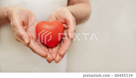 Grandmother woman hands holding red heart, healthcare, love, organ donation, mindfulness, wellbeing, family insurance and CSR concept, world heart day, world health day, national organ donor day 88485534