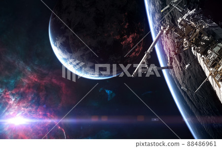Orbital space station, deep space planets on background of bright star Orbital space station, deep space planets on background of bright star 88486961
