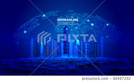 点线地球下未来城市建筑未来科技感城市概念 88487292