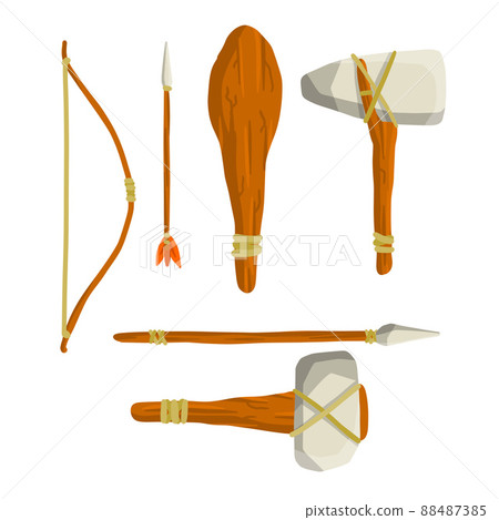 Items of stone-age man. Caveman weapon Items of stone-age man. Caveman weapon 88487385