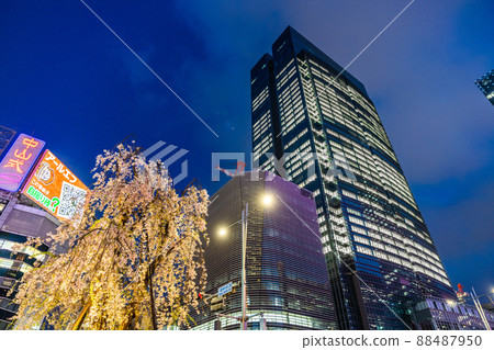 日本東京城市景觀俯瞰東京中城八重洲和東京站前的垂枝櫻花 = 4 月 7 日 88487950