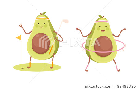 Cute avocado doing sports set. Funny healthy nutritious fruit playing golf and spinning hula hoop cartoon vector illustration Cute avocado doing sports set. Funny healthy nutritious fruit playing golf and spinning hula hoop cartoon vector illustration 88488389