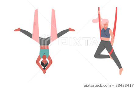Young woman doing aerial yoga set. Girls practicing gymnastic in hammocks vector illustration Young woman doing aerial yoga set. Girls practicing gymnastic in hammocks vector illustration 88488417