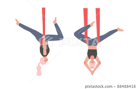 Woman doing aerial yoga exercise set. Girls hanging upside down in hammocks vector illustration Woman doing aerial yoga exercise set. Girls hanging upside down in hammocks vector illustration 88488418