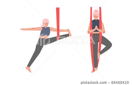 Woman doing aerial yoga exercise set. Girls practicing stretching gymnastic in hammocks vector illustration 88488420