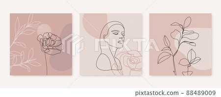 Vector beauty backgrounds, social media stories, posts feed layouts. Set of illustrations with one line continuous woman face and leaves, flowers. Contemporary collage with spots, square shape 88489009