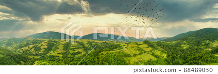 Aerial view of the endless lush pastures of the Carpathian expanses and agricultural land. Cultivated agricultural field. Rural mountain landscape at sunset. Ukraine. 88489030