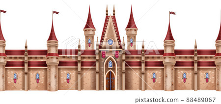 Medieval castle seamless border, magic fantasy fortress, vector stone palace game illustration. Medieval castle seamless border, magic fantasy fortress, vector stone palace game illustration. 88489067