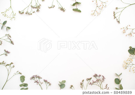 A pattern of delicate flowers and plants on a white background. The concept of Mother's Day and Valentine's Day holidays. Space for text. Copy space 88489889