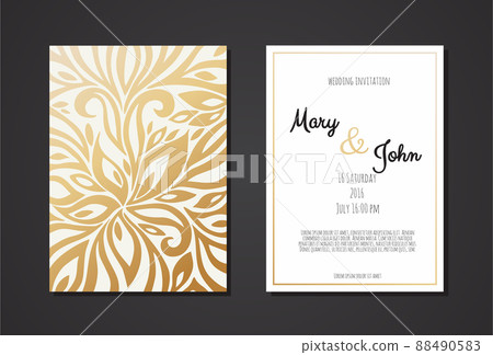 Vintage wedding invitation templates. Cover design with gold leaves ornaments. Vintage wedding invitation templates. Cover design with gold leaves ornaments. 88490583