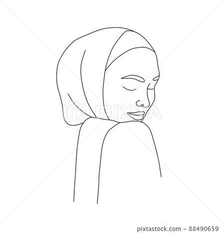 Linear arab woman in hijab. Contemporary minimalist female portrait with closed eyes. Hand drawn outline female silhouette. Vector illustration in one line style. Beauty logo. Linear arab woman in hijab. Contemporary minimalist female portrait with closed eyes. Hand drawn outline female silhouette. Vector illustration in one line style. Beauty logo. 88490659