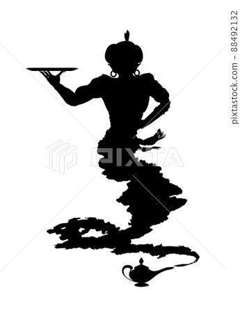 Silhouette waiter arabic genie, isolated. Jinn lamp character in helpful garcon pose. Vector. Silhouette waiter arabic genie, isolated. Jinn lamp character in helpful garcon pose. Vector. 88492132