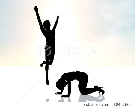 A woman who jumps up and rejoices and a woman who regrets with both hands on the ground A woman who jumps up and rejoices and a woman who regrets with both hands on the ground 88492603