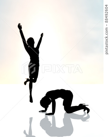 A woman who jumps up and rejoices and a woman who regrets with both hands on the ground 88492604