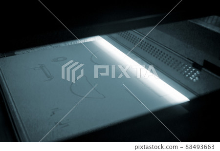 Industrial powder 3D printer printing process close-up. Multi Jet Fusion MJF 88493663