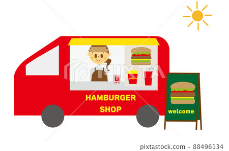 一位女士的插圖，她開了一家獨立的漢堡店，配有一輛廚房車，用於移動銷售 88496134