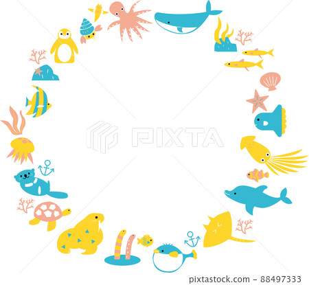 海洋生物插圖的圓形框架 88497333