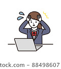 High school and junior high school girls in school uniforms panicking and holding their heads in front of a computer 88498607