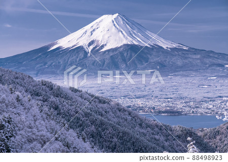 《山梨縣》富士山和樹上的霧rim ・日本的冬季風景 88498923