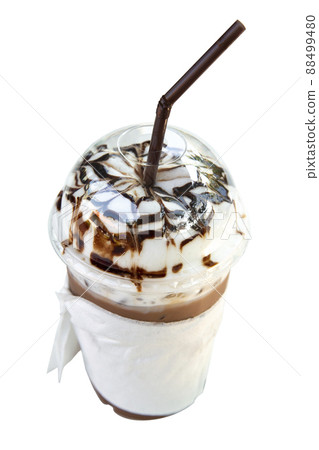 Ice mocha with whipped cream and chocolate sauce topping isolated on white 88499480