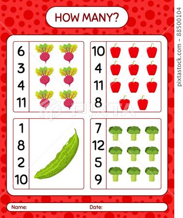 How many counting game with vegetables. worksheet for preschool kids, kids activity sheet, printable worksheet How many counting game with vegetables. worksheet for preschool kids, kids activity sheet, printable worksheet 88500104