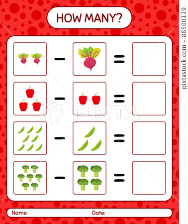 How many counting game with vegetables. worksheet for preschool kids, kids activity sheet, printable worksheet How many counting game with vegetables. worksheet for preschool kids, kids activity sheet, printable worksheet 88500119