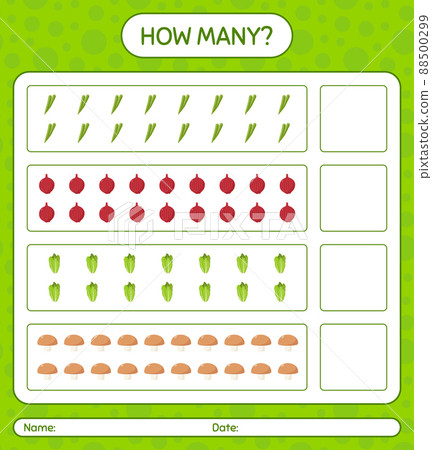 How many counting game with vegetables. worksheet for preschool kids, kids activity sheet, printable worksheet 88500299