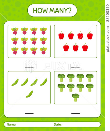 How many counting game with vegetables. worksheet for preschool kids, kids activity sheet, printable worksheet 88500350