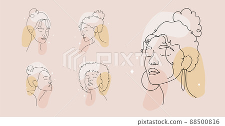 Set of posters with abstract woman faces. Minimalist female portraits on colored spots. Hand drawn outline female silhouettes. Vector illustration in one line drawing style. Beauty fashion design 88500816